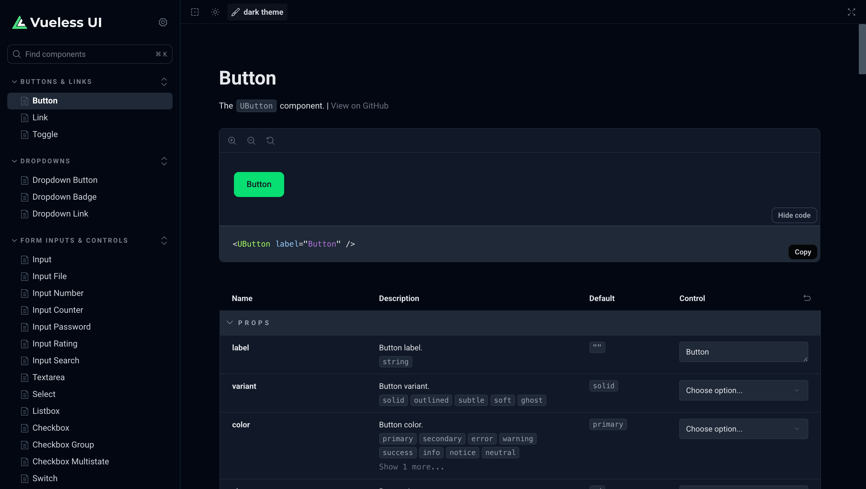 Screenshot of Storybook interface showing Vueless UI components with interactive controls and documentation